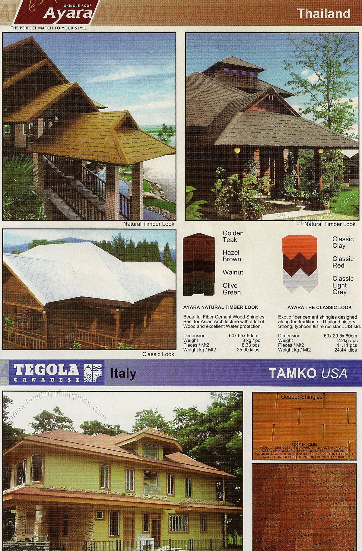 Ayara Fiber Cement Shingles; Tegola Canadese Italian Style Roof Tile; Tamko Copper Shingles