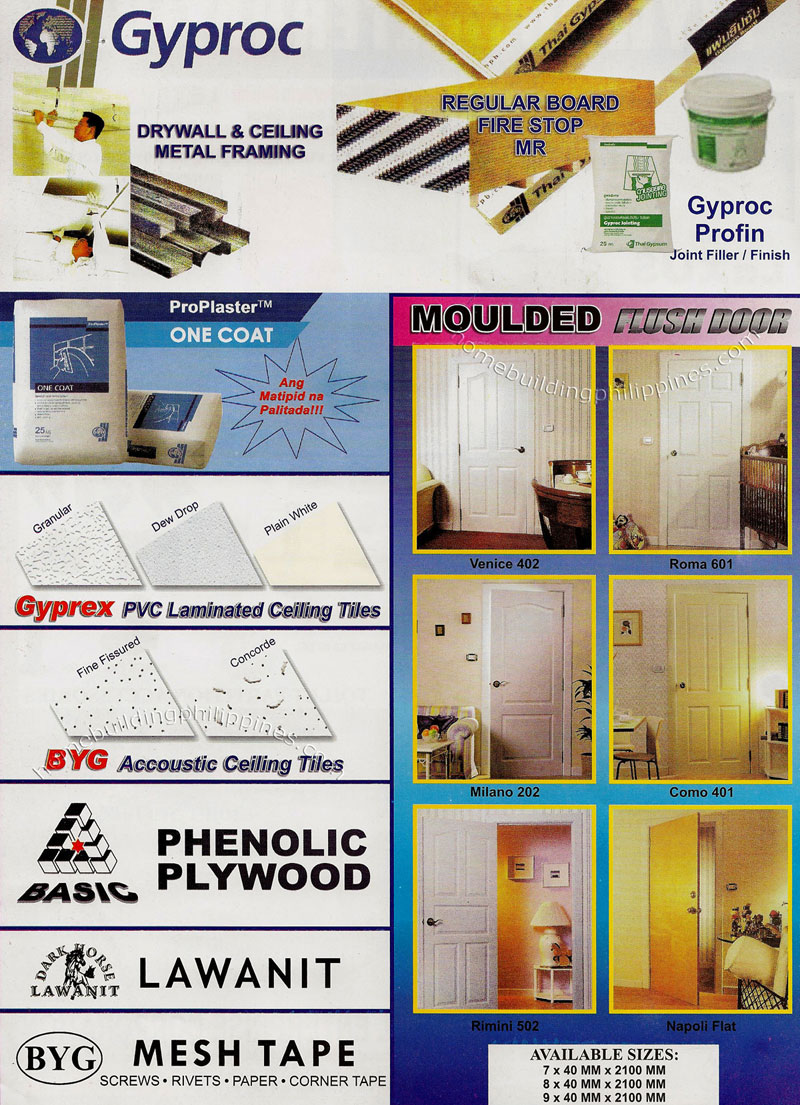 Gyproc Drywall and Ceiling Metal Framing, Gyprex PVC Laminated Ceiling Tiles, Moulded Flush Door