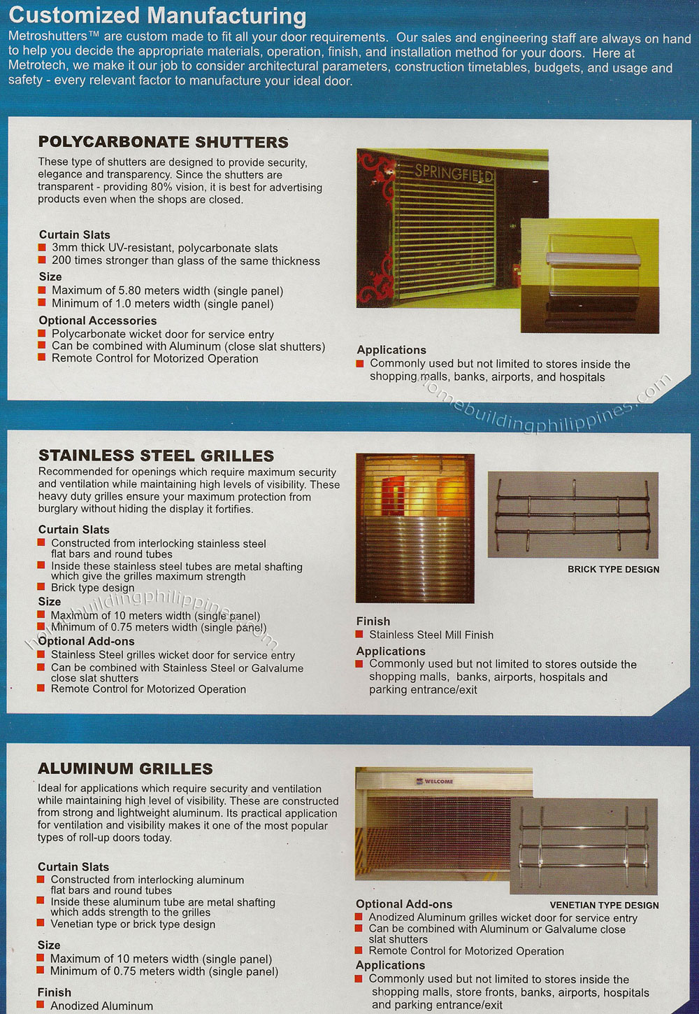 Polycarbonate Shutters, Stainless Steel Grilles, Aluminum Grilles